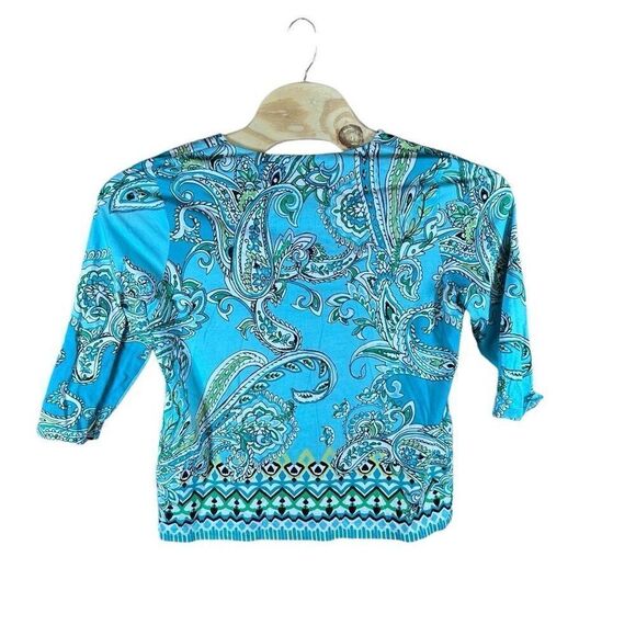Chico's Size 2 (Large) 3/4 Sleeve Turquoise Blue Paisley - Picture 2 of 3